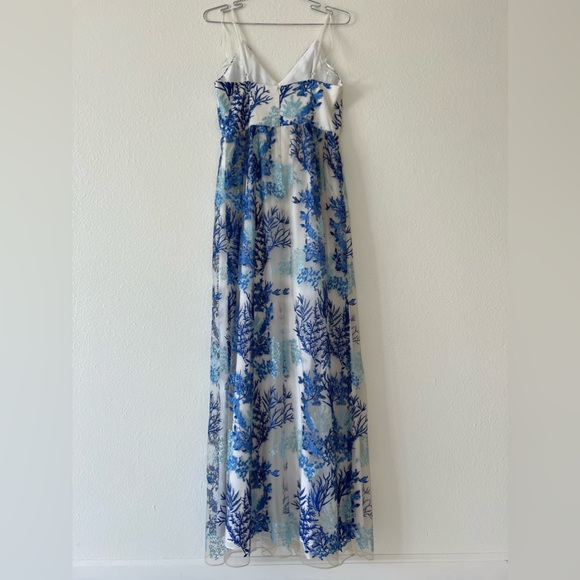 Nicole Miller White with Blue Floral Embroidered Sheer Overlay Maxi Dress - Picture 6 of 11